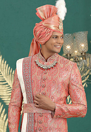 Woven Art Silk Jacquard Sherwani in Red