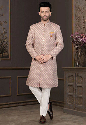 Woven Art Silk Jacquard Sherwani in Rose Gold