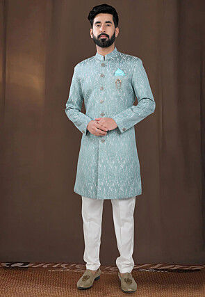 Woven Art Silk Jacquard Sherwani in Sea Green