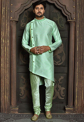 Woven Art Silk Jacquard Sherwani in Sea Green