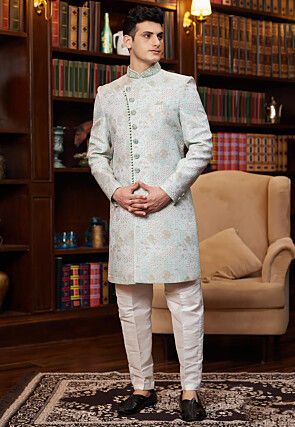Woven Art Silk Jacquard Sherwani in Sea Green