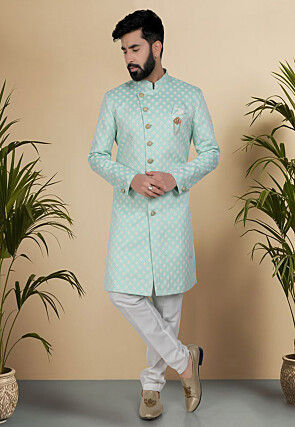 Woven Art Silk Jacquard Sherwani in Sea Green