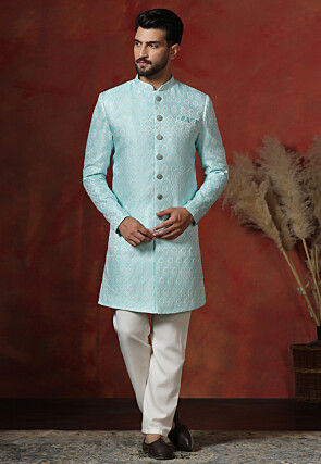 Woven Art Silk Jacquard Sherwani in Sky Blue