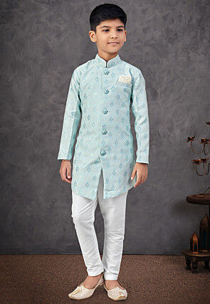 Woven Art Silk Jacquard Sherwani in Sky Blue