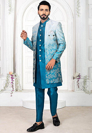 Woven Art Silk Jacquard Sherwani in Teal Blue and Off White
