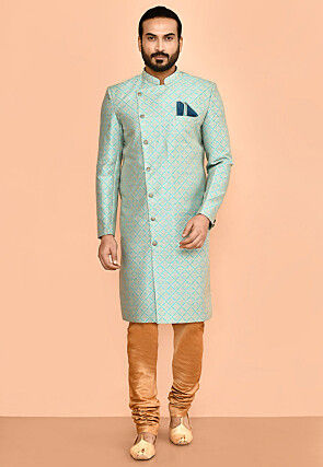 Woven Art Silk Jacquard Sherwani in Teal Blue