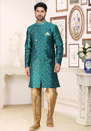 Woven Art Silk Jacquard Sherwani in Teal Blue