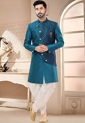 Woven Art Silk Jacquard Sherwani in Teal Blue