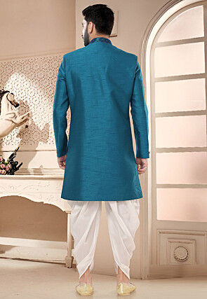 Woven Art Silk Jacquard Sherwani in Teal Blue
