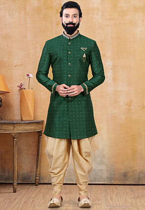 Woven Art Silk Jacquard Sherwani in Teal Green