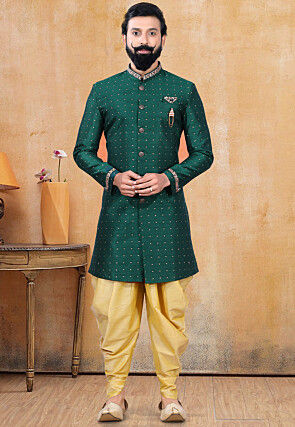 Woven Art Silk Jacquard Sherwani in Teal Green