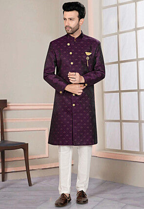Woven Art Silk Jacquard Sherwani in Violet