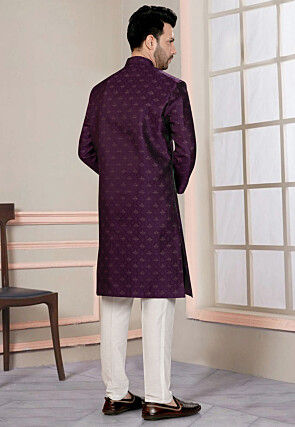Woven Art Silk Jacquard Sherwani in Violet