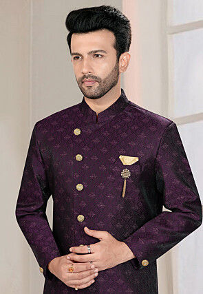 Woven Art Silk Jacquard Sherwani in Violet