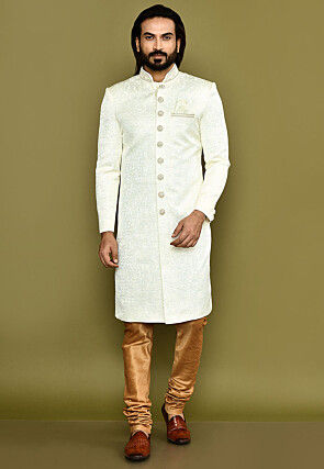 Woven Art Silk Jacquard Sherwani in White
