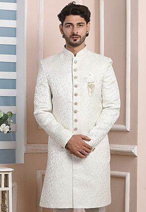 Woven Art Silk Jacquard Sherwani in White