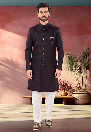 Woven Art Silk Jacquard Sherwani in Wine