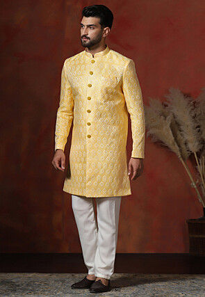 Woven Art Silk Jacquard Sherwani in Yellow