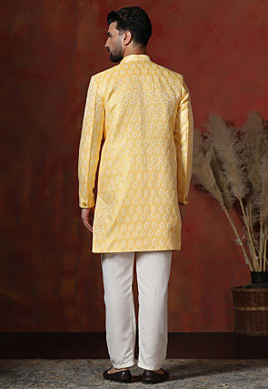 Woven Art Silk Jacquard Sherwani in Yellow