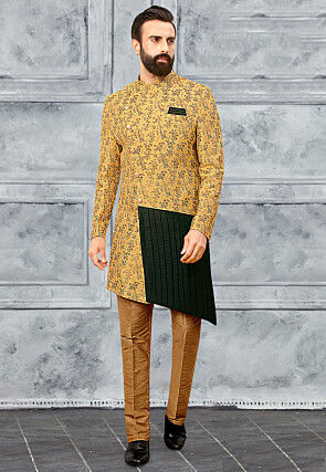 Woven Art Silk Jacquard Sherwani in Yellow