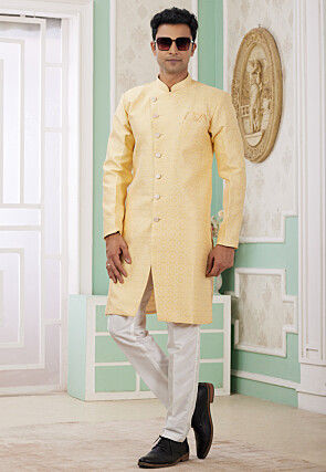 Woven Art Silk Jacquard Sherwani in Yellow