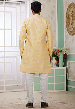 Woven Art Silk Jacquard Sherwani in Yellow