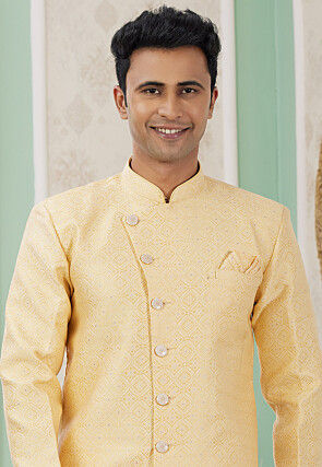 Woven Art Silk Jacquard Sherwani in Yellow