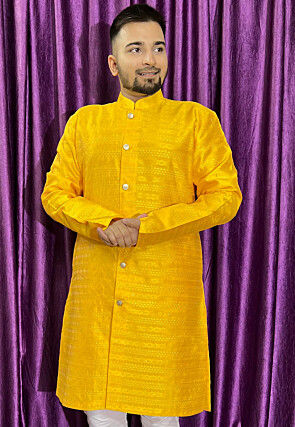 Woven Art Silk Jacquard Sherwani in Yellow
