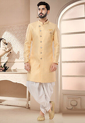 Woven Art Silk Jacquard Sherwani in Yellow
