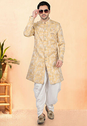 Woven Art Silk Jacquard Sherwani in Yellow