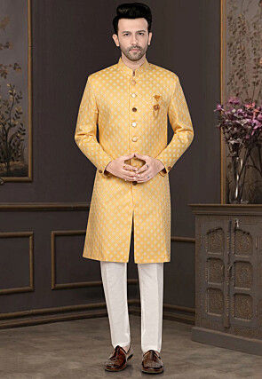 Woven Art Silk Jacquard Sherwani in Yellow