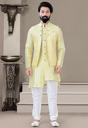 White Raw Silk Sherwani Silver Embroidery Indian Pakistani Bollywood Mens Suit 
