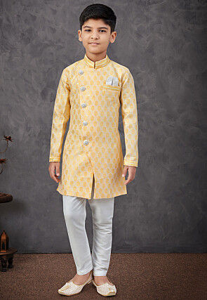 Woven Art Silk Jacquard Sherwani in Yellow
