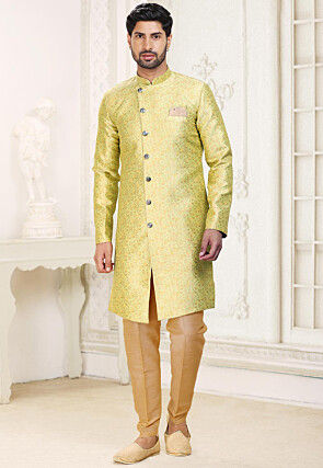 Woven Art Silk Jacquard Sherwani in Yellow