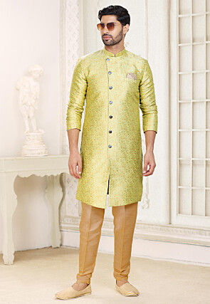 Woven Art Silk Jacquard Sherwani in Yellow