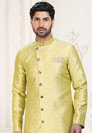 Woven Art Silk Jacquard Sherwani in Yellow