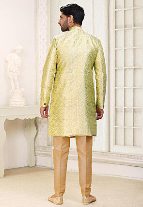Woven Art Silk Jacquard Sherwani in Yellow