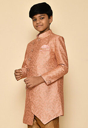 Woven Art Silk Jacquard Sherwani Set in Peach