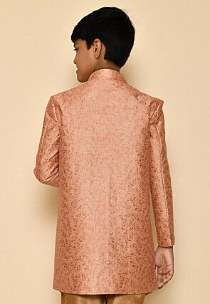 Woven Art Silk Jacquard Sherwani Set in Peach
