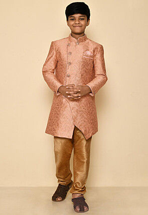Woven Art Silk Jacquard Sherwani Set in Peach