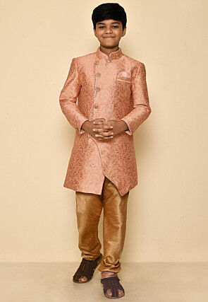 Woven Art Silk Jacquard Sherwani Set in Peach