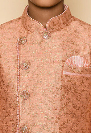 Woven Art Silk Jacquard Sherwani Set in Peach