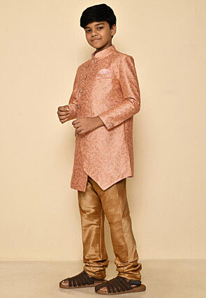 Woven Art Silk Jacquard Sherwani Set in Peach