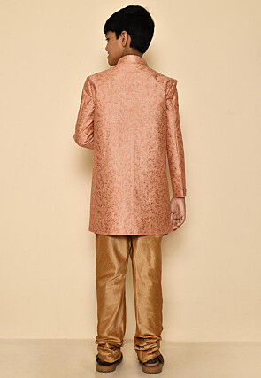 Woven Art Silk Jacquard Sherwani Set in Peach