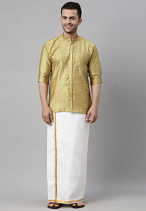 Woven Art Silk Jacquard Shirt Mundu Set in Dark Beige