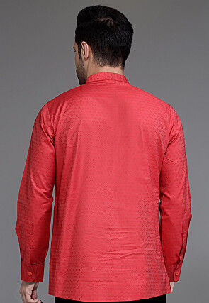 Woven Art Silk Jacquard Short Kurta in Red