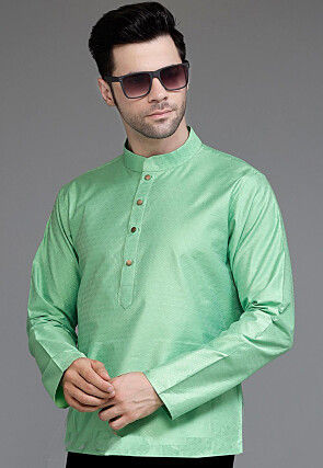 Woven Art Silk Jacquard Short Kurta in Sea Green