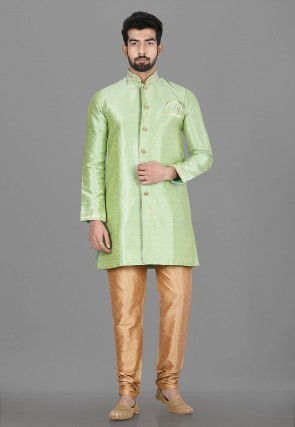 Woven Art Silk Jacquard Short Sherwani in Light Green