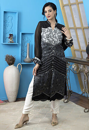 Woven Art Silk Jacquard Straight Kurta in Black