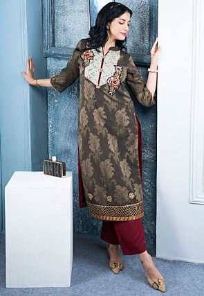 Woven Art Silk Jacquard Straight Kurta in Brown
